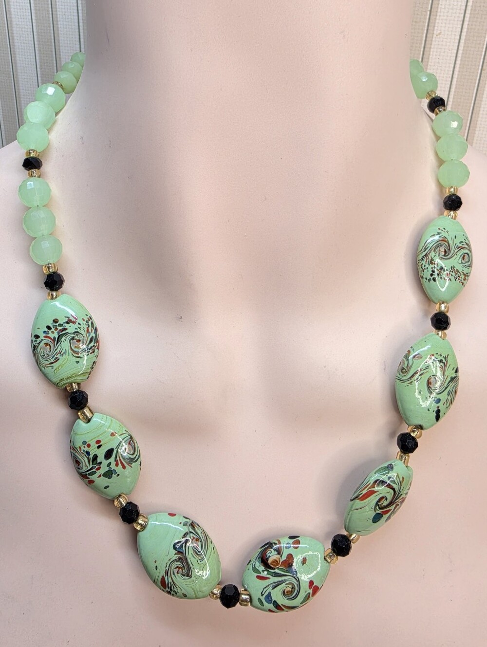 Mint Green Hand-Painted Ceramic Statement Necklace 16"+2"